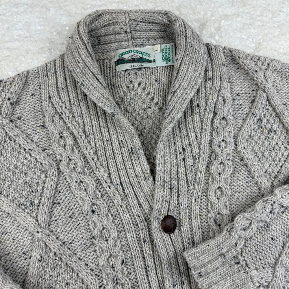 Aran Crafts Ireland Mens L Gray 100% Merino Wool Cable Knit Shawl Collar Sweater